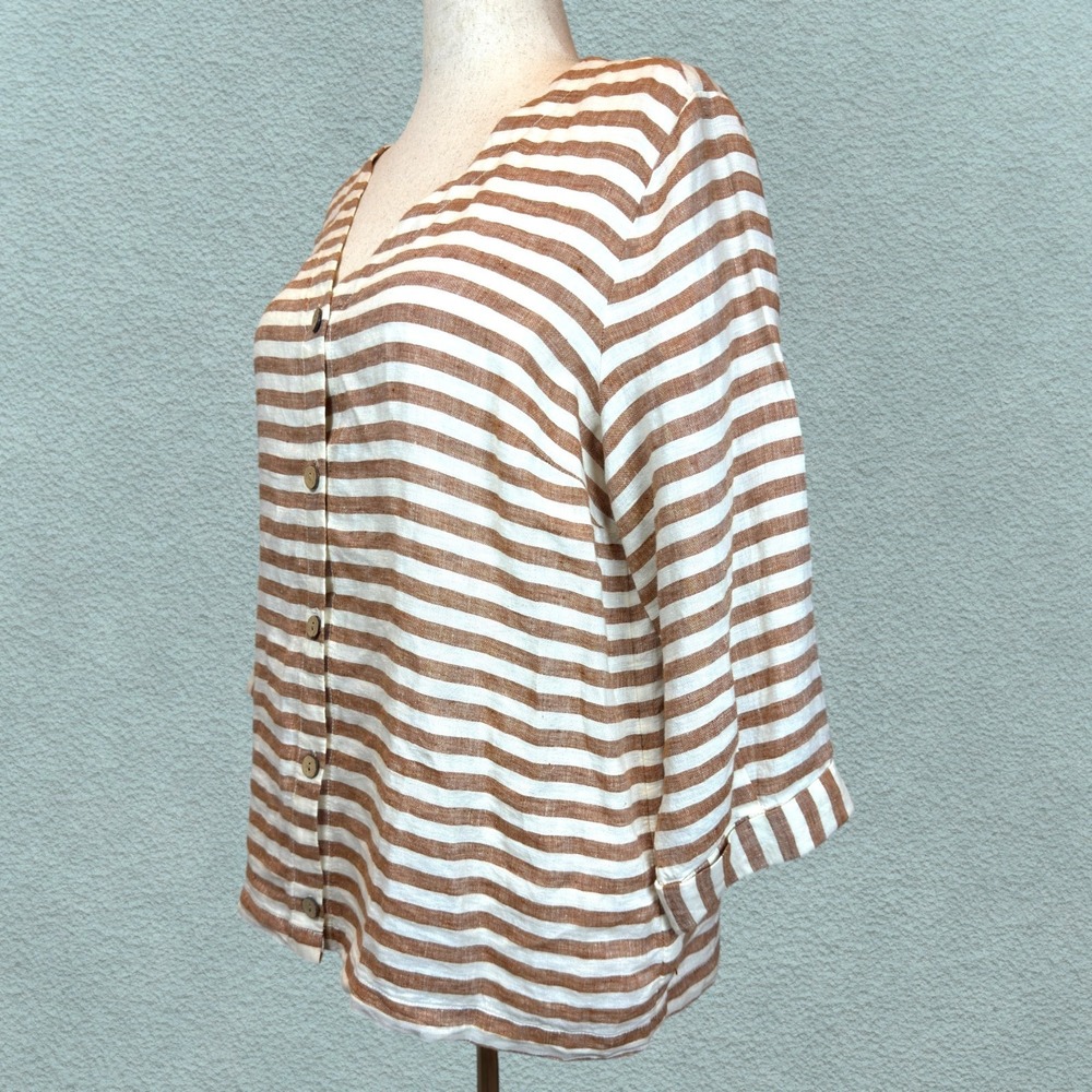 Rachel Zoe 100% Linen Stripe Button Front Top L Brown White Coastal Resort Boho